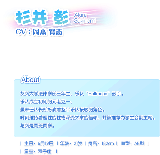 杉并 彰 Akira Suginami——CV：冈本 宽志。友岚大学法律学部三年生，乐队“Halfmoon”鼓手。乐队成立初期的元老之一，虽未任队长却扮演着整个乐队核心的角色。时刻维持着理性的性格深受大家的信赖，并被推荐为学生会副主席。与岚是同班同学。生日：6月19日，血型：AB型，年龄：21岁，身长：182cm，星座：双子座。